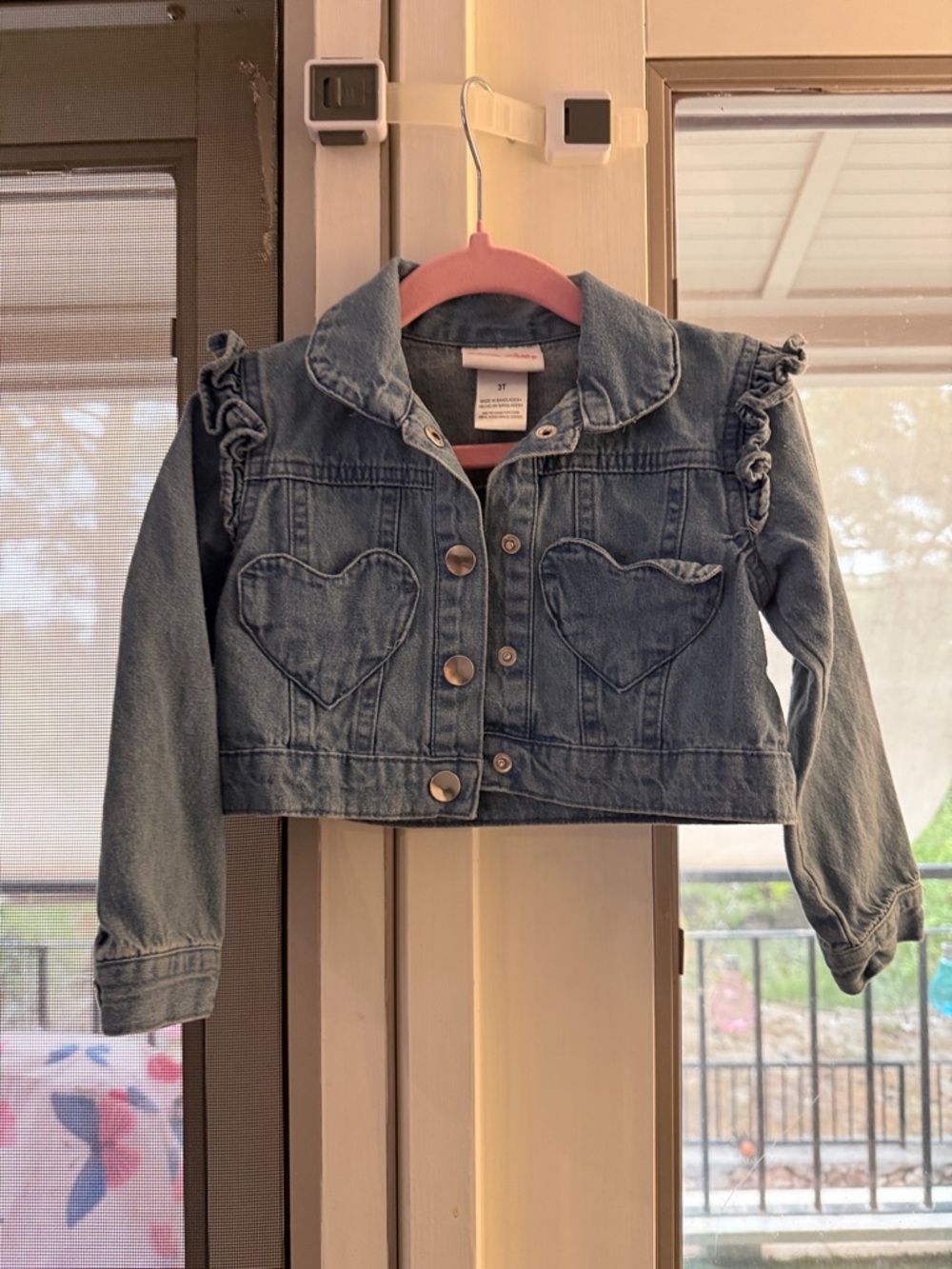 Little Lass Ruffle-Shoulder Heart Pocket Denim Jacket - Light Blue